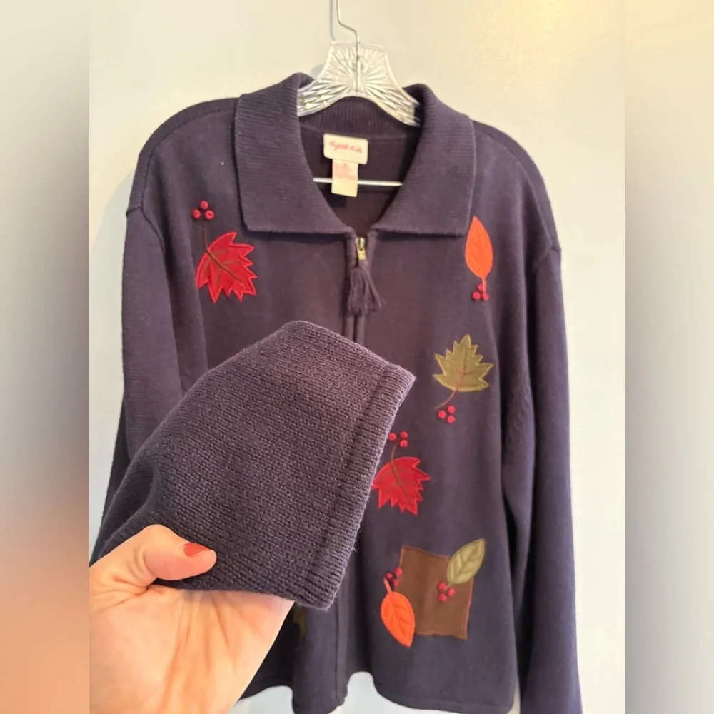 Vintage Crystal-Kobe Navy Full Zip Cardigan Leaf Fall Embroidery Collared Comfy